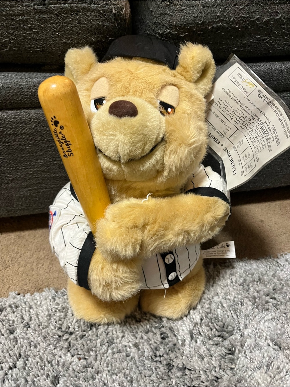 Plush Baseball Bear in Tan with Pinstripe Jersey